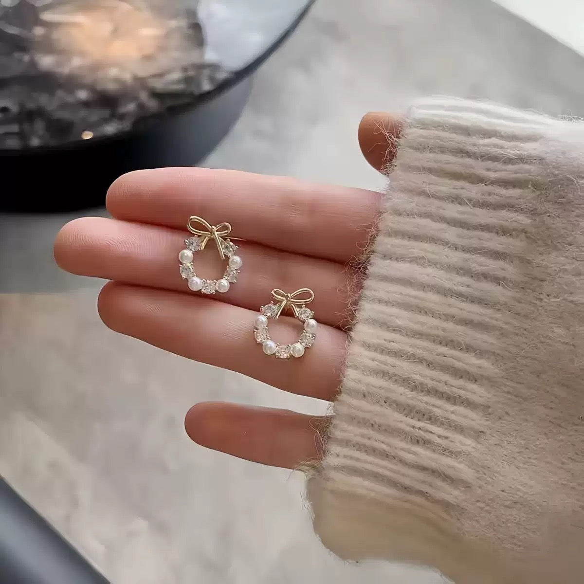 リボンパールリースピアス